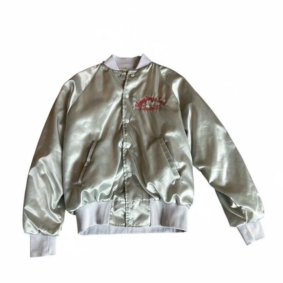 Vintage Karington Satin Bomber Jacket Silver USA Humphreys Sawmill Medium - Picture 7 of 16